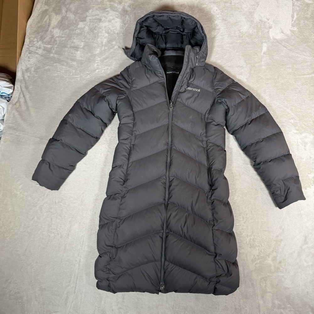 Marmot Womens Puffer Jacket 650 Fill Down Trench Hooded Black Small J1738